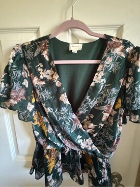 Everly Floral Wrap Peplum Blouse in Dark Green